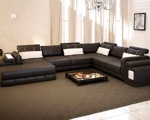 Divano angolare moderno, rivestito in pelle, design elegante, set di divani, soluzione d'arredo per soggiorno, modello PH3028