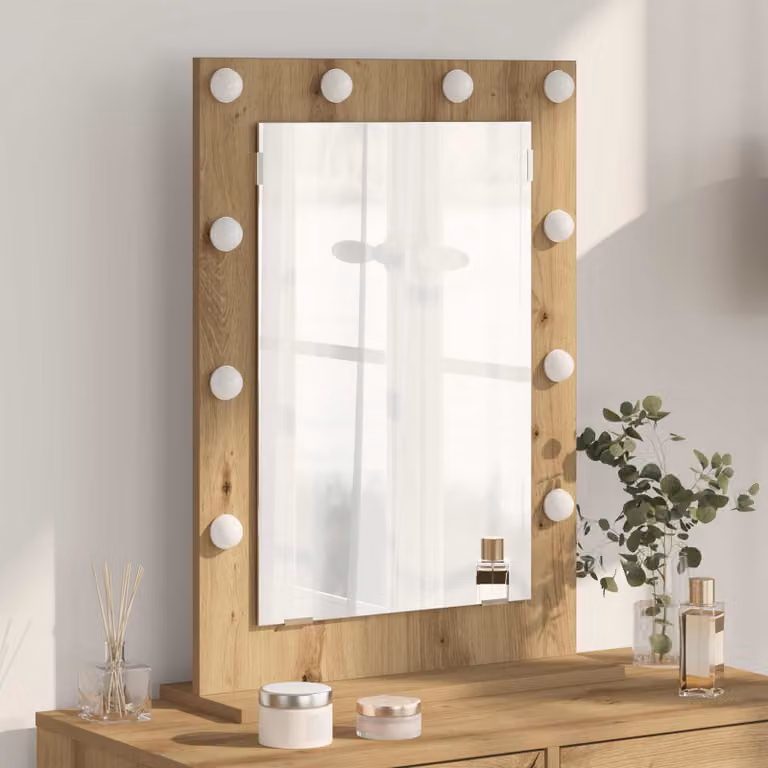 Specchio da vanità moderno vidaXL con luce LED e ricarica USB, marrone, L: 70 cm, P: 50 cm, H: 18 cm