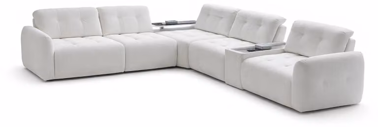 Divano ad angolo, colore bianco, stile moderno, braccioli morbidi, tavolino, nuovo
