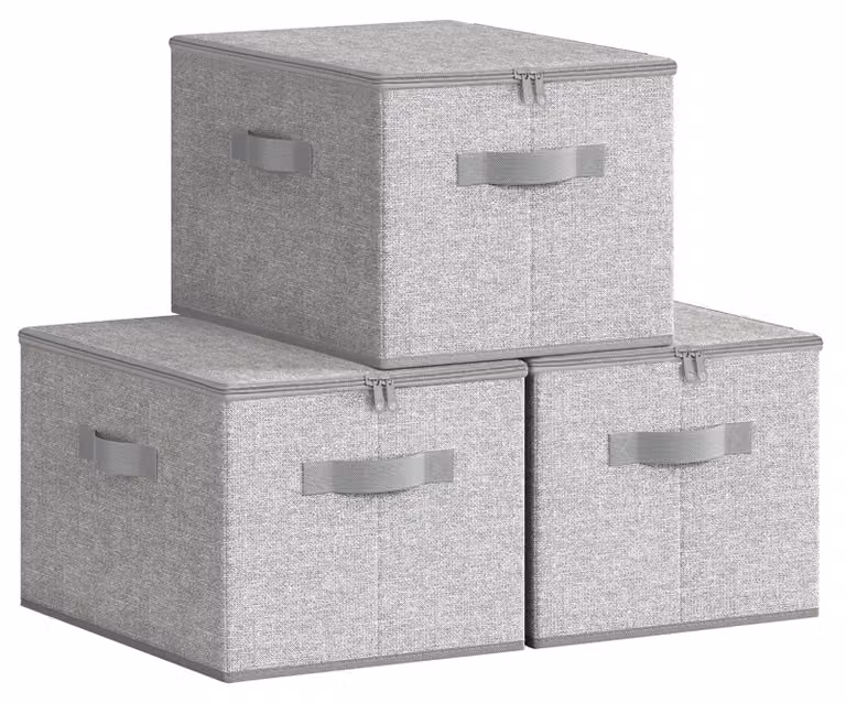 SONGMICS Contenitore portaoggetti con coperchio, scatola pieghevole in tessuto con maniglie, ideale per riporre vestiti, realizzata in tessuto non tessuto, set da 3, dimensioni 40 x 30 x 25 cm, colore grigio tortora, modello RZB003W01