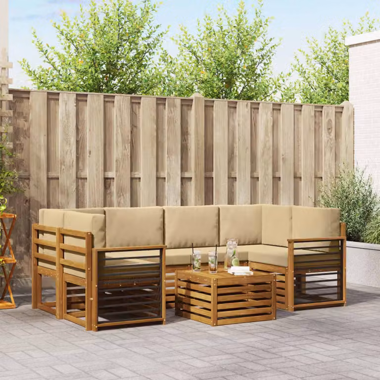 Set di divani da esterno vidaXL 7 pz in legno di acacia con tavolo da caffè, colore beige e marrone