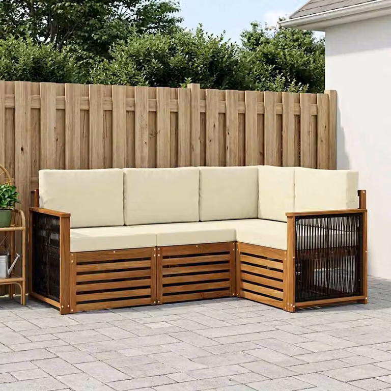 Set di divani da esterno a L vidaXL in legno di acacia con cuscini beige e marrone