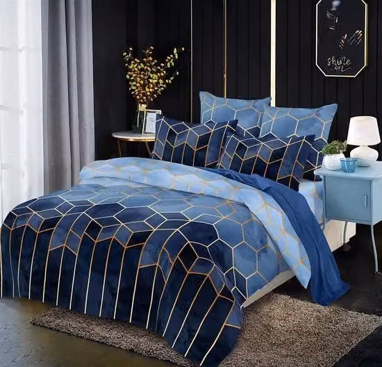 Set di 4 pezzi biancheria da letto per adolescenti con disegno a strisce geometriche blu in microfibra morbida, reversibile e anallergico, L/P: 135 x 200 cm, federe 80 x 80 cm e 80 x 200 cm