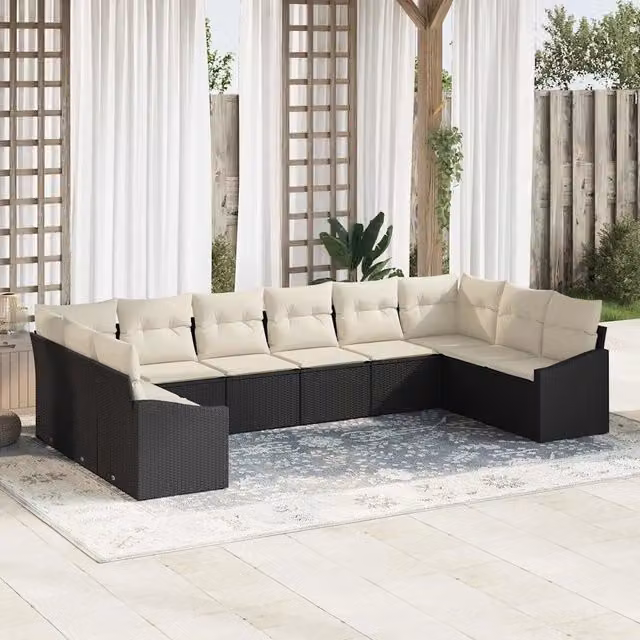 Set Divano da Giardino 10 pz Nero e Crema polyrattan 3355566