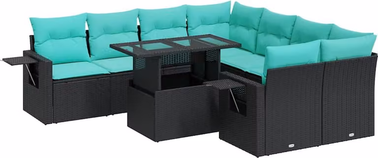 Set Divani Giardino 9 pz con Cuscini Nero Polyrattan Acacia