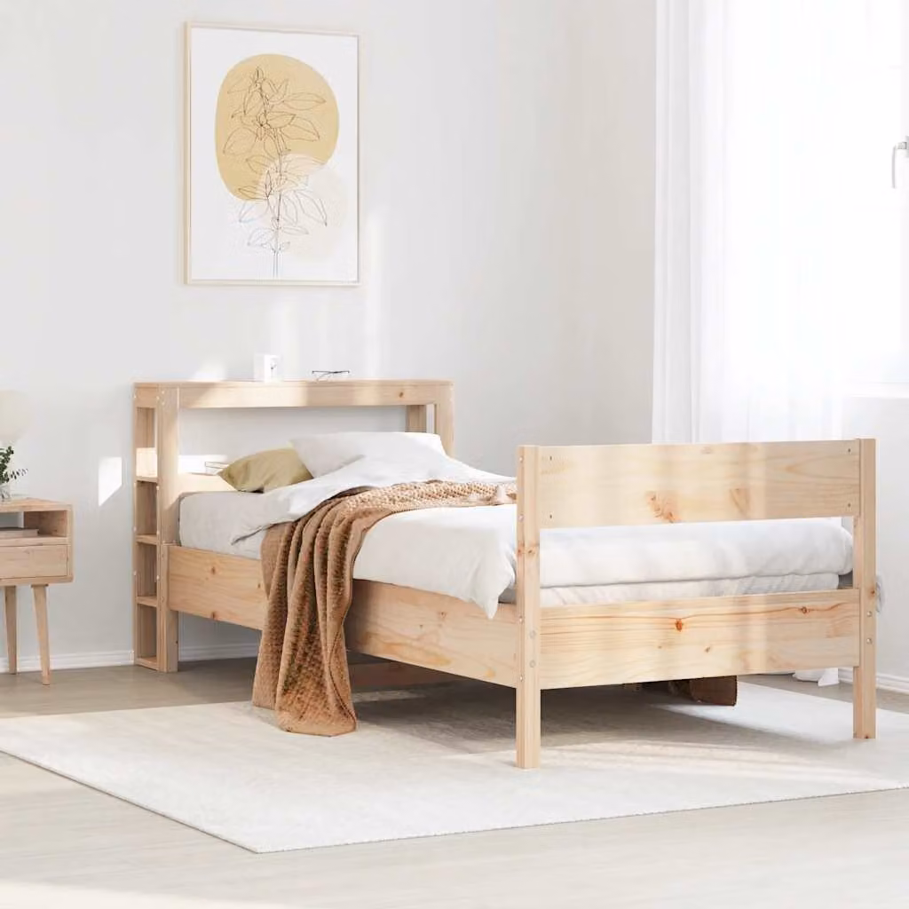 Letto in legno massello di pino color marrone con ripiani laterali e doghe piatte vidaXL L: 190 cm, P: 75 cm, H: 82 cm