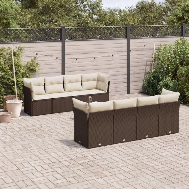 vidaXL Set Divani da Giardino 9pz in Polyrattan Marrone con Cuscini e Tavolino da Caffè