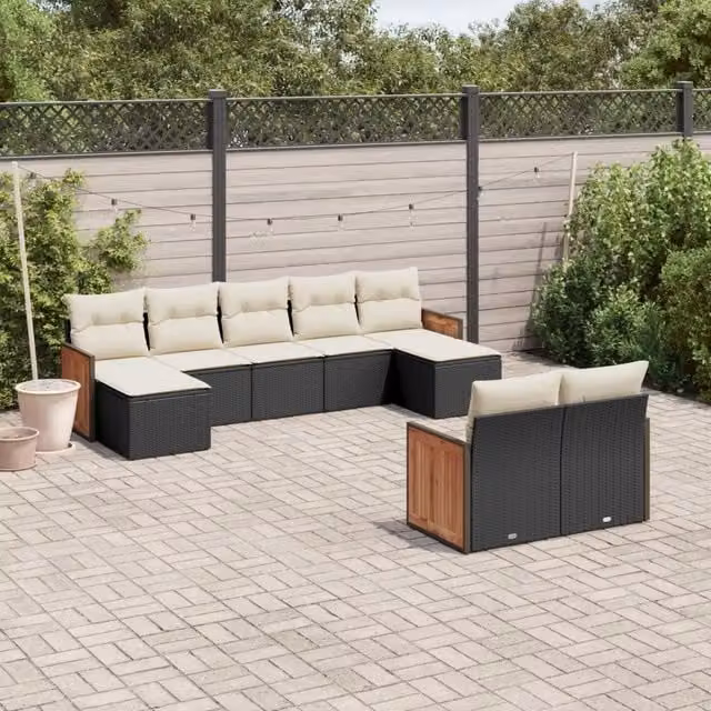 Set Divani da Giardino 9 pz con Cuscini Nero in Polyrattan 3228079