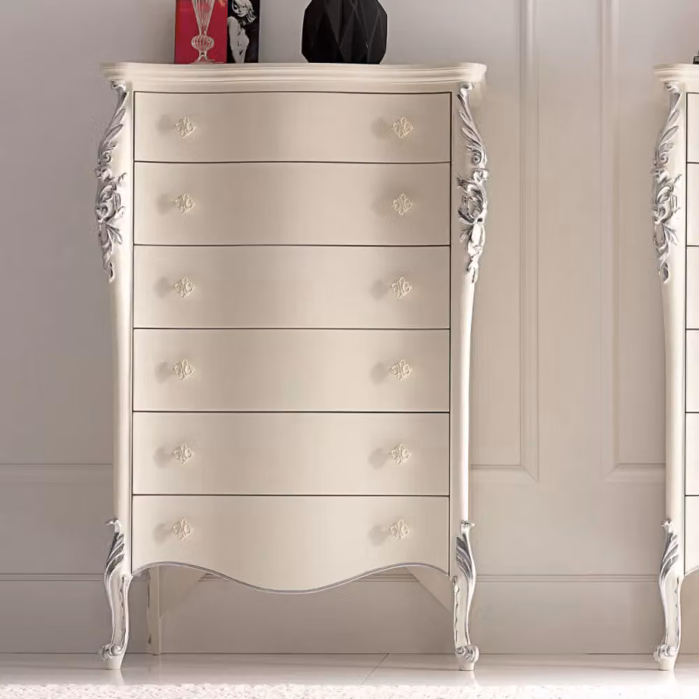 Cassettiera classica sagomata in legno con 6 cassetti soft close Mobili 2G bianco argento L: 86 cm, P: 47 cm, H: 132 cm