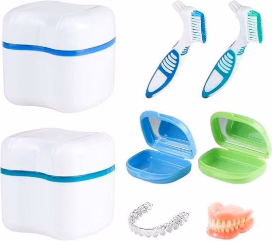 Contenitore per protesi con specchio e spazzolino, blu/verde, 2 pezzi