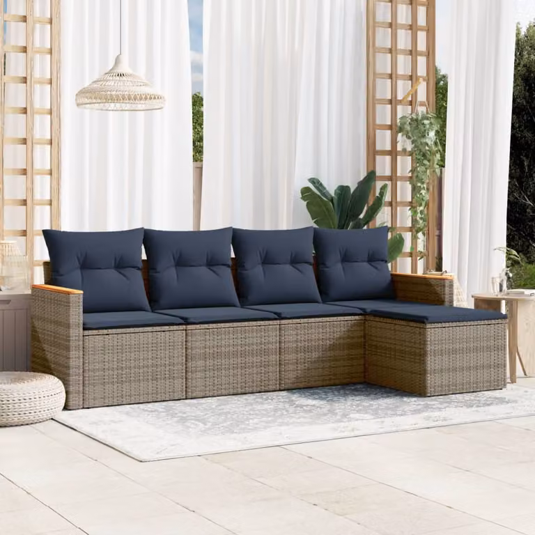 Set da giardino vidaXL composto da 5 pezzi con cuscini, design moderno a forma di L in rattan e metallo, colore grigio e blu