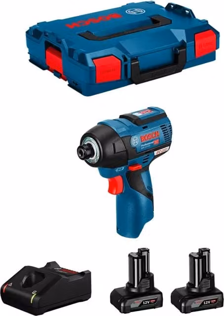 Avvitatore a massa battente Bosch GDR 12V-110 blu con 2 batterie da 6,0 Ah, caricabatterie GAL12V-40 e L-Boxx 102