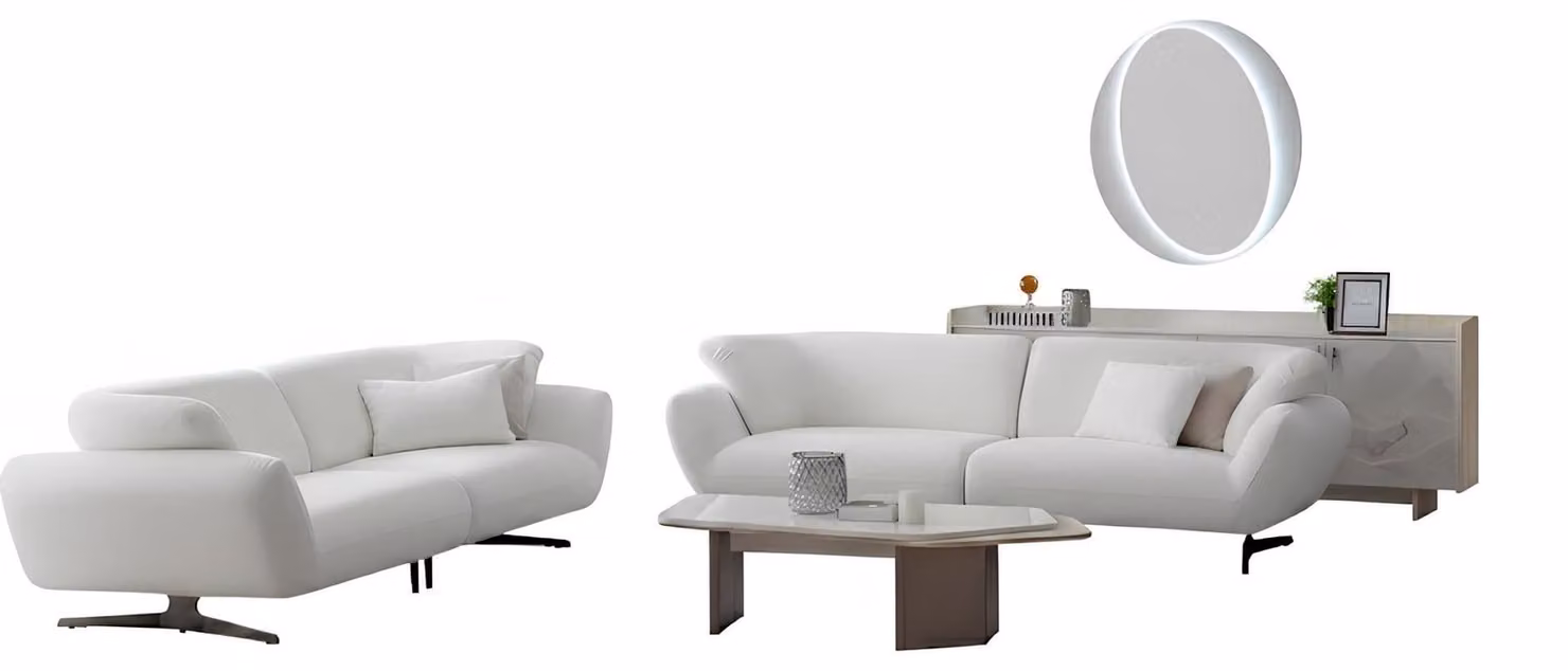 Set per soggiorno: divano, mobile basso e tavolino. Stile moderno, colore bianco