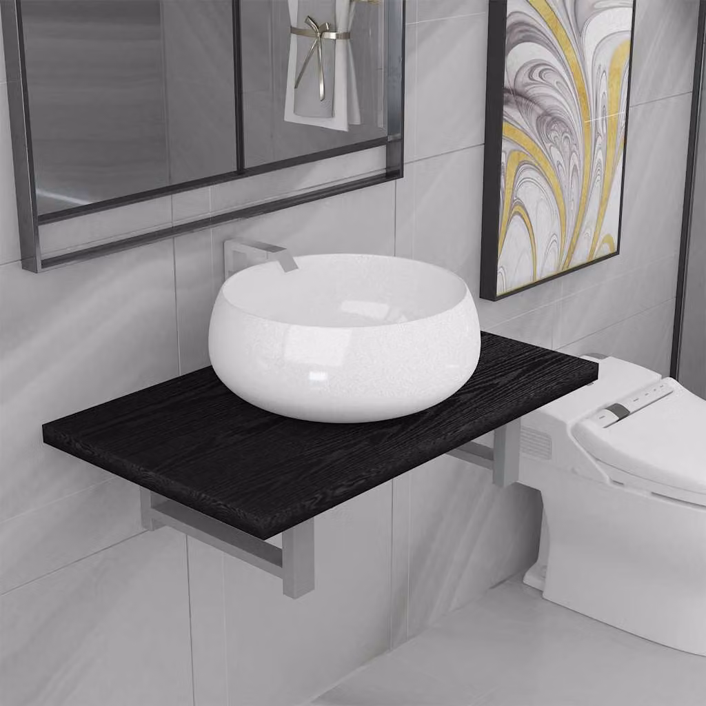 Set di mobili da bagno vidaXL in ceramica e legno, composto da mobile lavabo e pensile, nero e bianco, design moderno