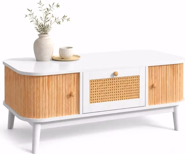 Tavolino basso REDOM in stile scandinavo con dettagli in rattan, bianco e marrone, L: 110 cm, P: 55 cm, H: 38,5 cm