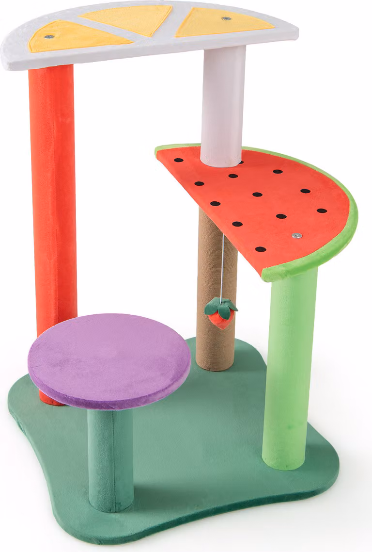 Tiragraffi COSTWAY 69cm piccolo, simpatico tema frutta, albero per gatti con piattaforme, palla di fragole, tiragraffi, albero da arrampicata, albero da gioco per gatti colorato