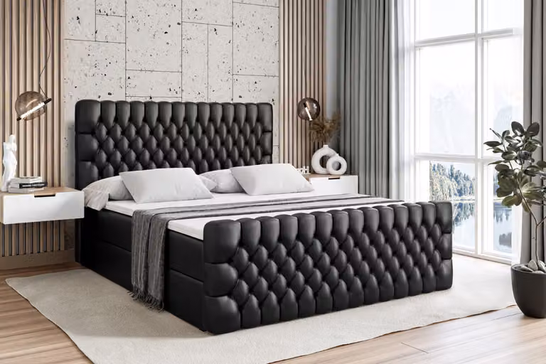 Letto boxspring ALTDECOR con pediera, materasso H3 e topper - 180 x 200 cm - SERENE-Z - Pelle finta nera - Letto imbottito con contenitore e rete a doghe, letto con spazio contenitivo