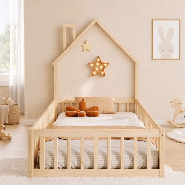 Letto a forma di casa ULEVR 90x200 cm con camino, rete a doghe e sponde di sicurezza, legno di pino naturale
