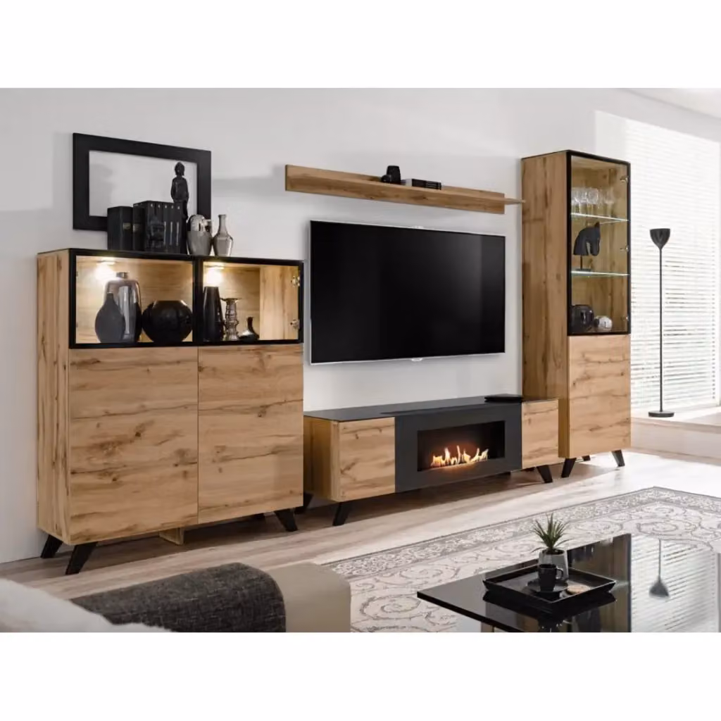 Set da salotto TINO Meublorama con camino bio-etanolo in stile industrial, Rovere scuro e nero, L: 340 cm, H: 197 cm, P: 45 cm – 2