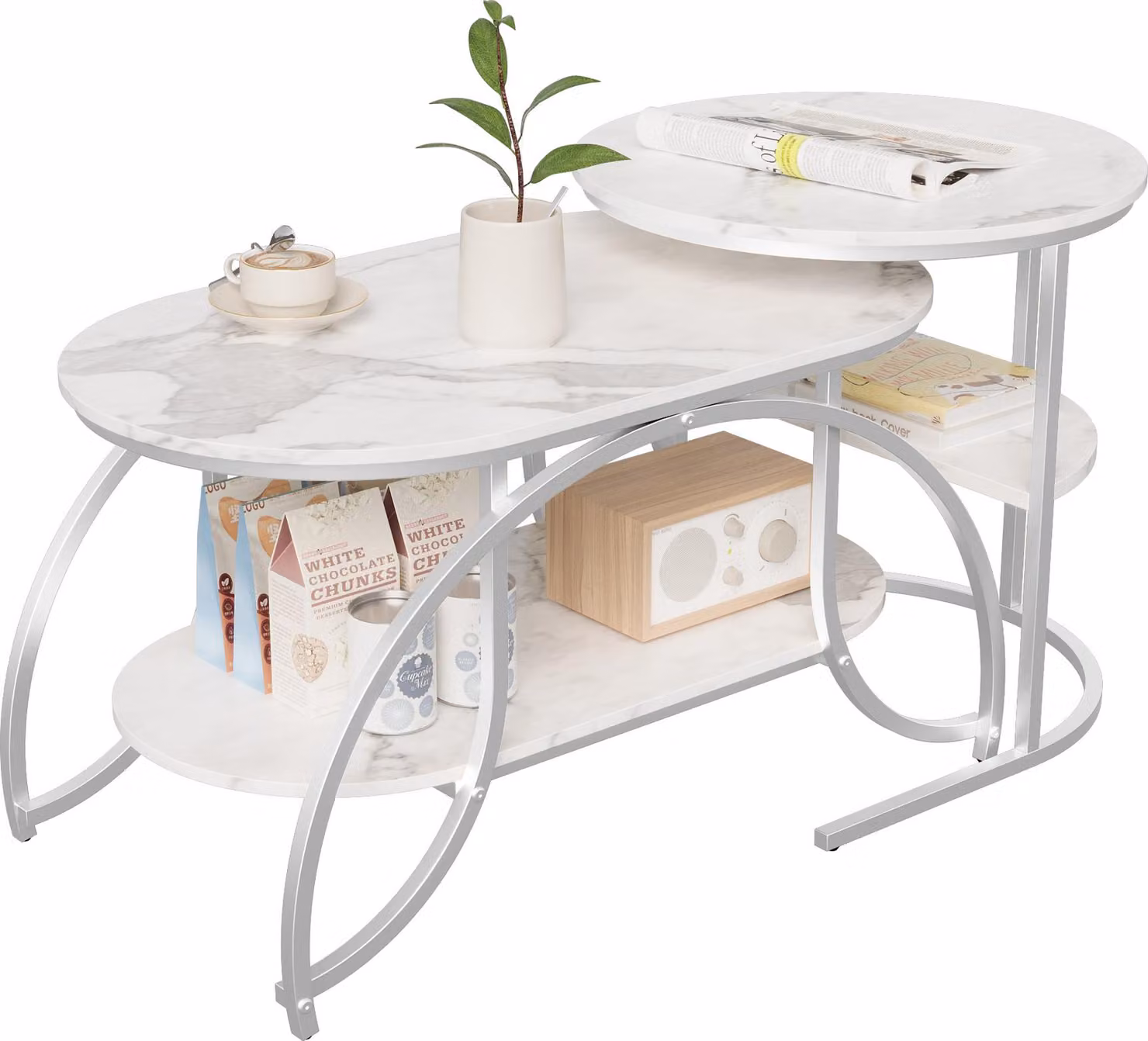 UnboxG Tavolino in metallo - Tavolo da soggiorno con spazio per riporre oggetti - Tavolo da soggiorno con due ripiani - Tavolo da divano 46x80x45 cm/52x52x51 cm - Tavolino in bianco/oro