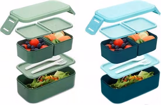 Snack Box per Bambini Multicolore con Scomparti e Posate, Senza BPA, Adatta a Microonde e Lavastoviglie, Capacità 1300 ml