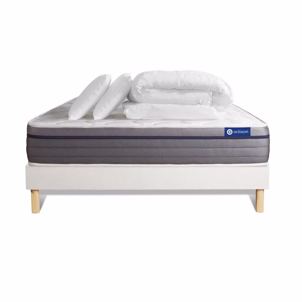 Kit letto completo Actisom Zen con materasso ibrido a molle pocket e memory foam, box spring imbottito e 2 cuscini, colore bianco, L/P: 180 x 200 cm – 2