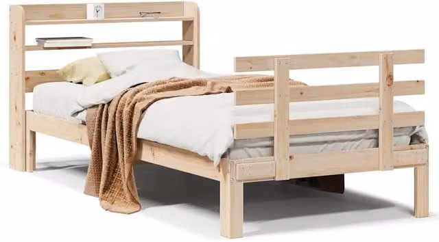 Letto singolo per adulti in legno massello di pino marrone con testiera e ripiani laterali L/P/H: 90 x 190 cm