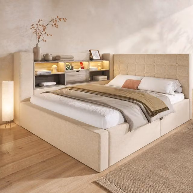 Letto matrimoniale imbottito 140 × 190 cm con contenitore idraulico testiera a L reversibile in lino beige con LED