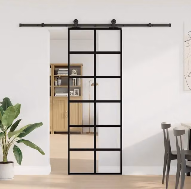Porta Scorrevole Moderna vidaXL in Vetro Trasparente e Alluminio Nero L: 76 cm, H: 205 cm