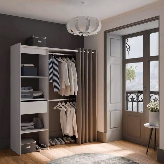 Armadio Serpentina DMORA per camera da letto, cabina armadio con cassetti interni, ripiani e appendiabiti, L: 167 cm, P: 50 cm, H: 192 cm, Bianco opaco – 1