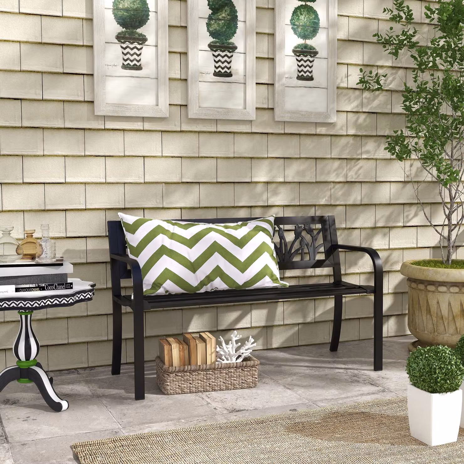 Panchina da giardino a 2 posti Outsunny in acciaio nero con schienale decorato floreale e braccioli, L 125 x P 50 x H 75 cm – 2