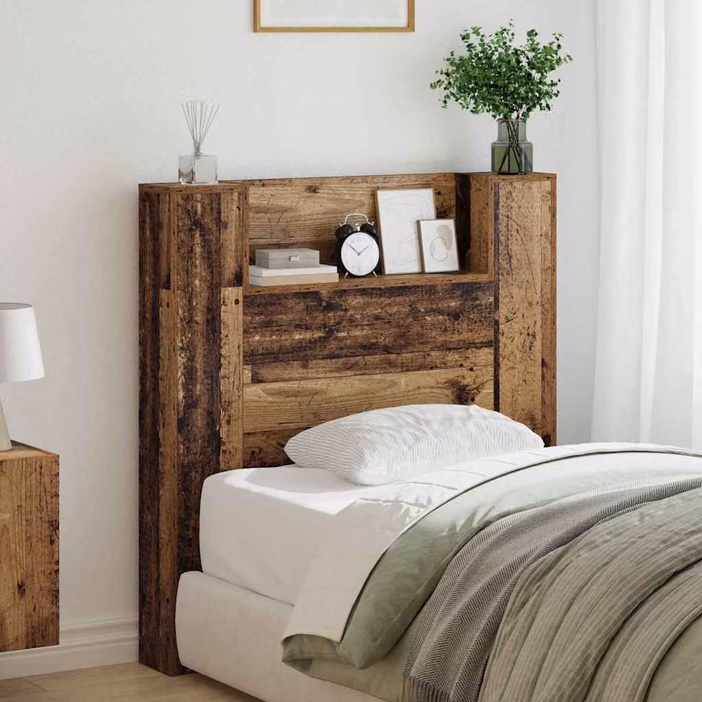 Testiera con stoccaggio vidaXL in legno antico con illuminazione LED, ripiano integrato e porta USB, colore marrone
