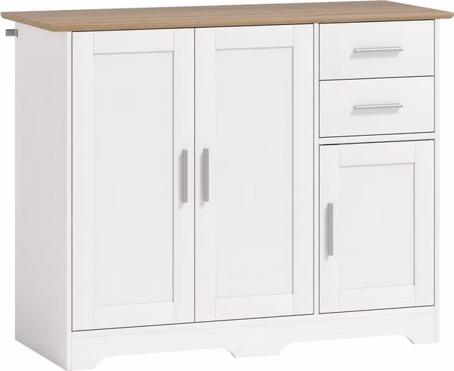 Credenza moderna HOMCOM in legno con 2 cassetti e 2 armadietti, Bianco e color Legno, L 100 cm x P 40 cm x H 78 cm
