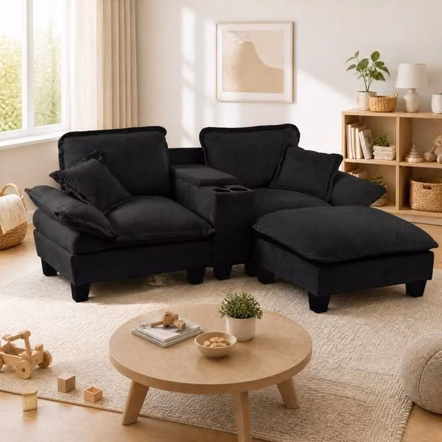Divano angolare modulare MIVRAY in velluto nero con ottomana coordinata, porta bicchieri, ricarica USB e struttura in legno massello – 1