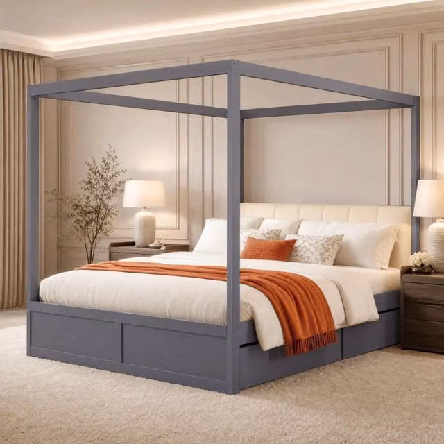 Letto in legno 140x200 cm con struttura a tenda, cassetti ampi e testiera imbottita grigia