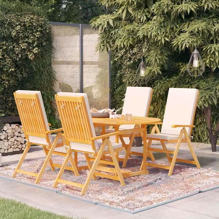 vidaXL Set da Pranzo da Giardino 5 Pezzi in Legno di Teak Marrone e Bianco con Cuscini