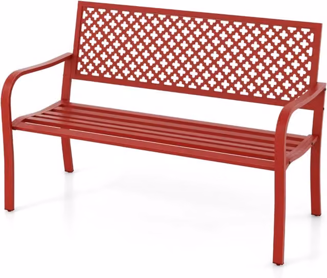 Panchina da giardino per 2 persone con schienale traforato e seduta a doghe, Sedia in metallo lunga 127cm Rosso