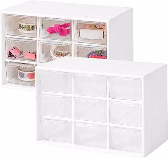 Set da 2 contenitori portaoggetti in plastica trasparente con 9 cassetti