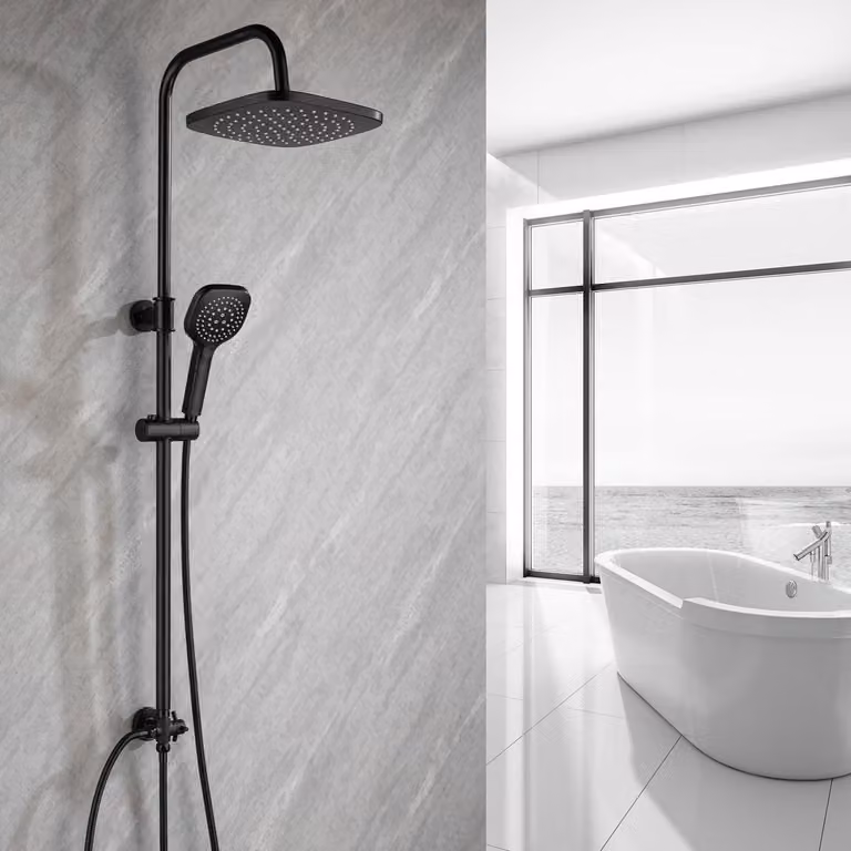 Sistema doccia senza miscelatore, con doccia a pioggia da 25 cm e 3 getti, regolabile in altezza da 79 a 128 cm, design squadrato e colore nero