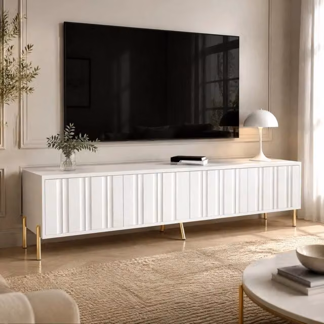Mobile TV moderno bianco con 4 ante, 8 ripiani e gambe dorate L: 190 cm, P: 48 cm, H: 38 cm