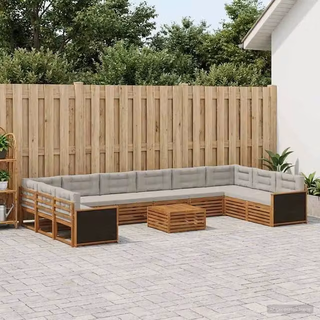 Set di divani da giardino vidaXL in legno di acacia con cuscini beige e grigi, 11 pezzi