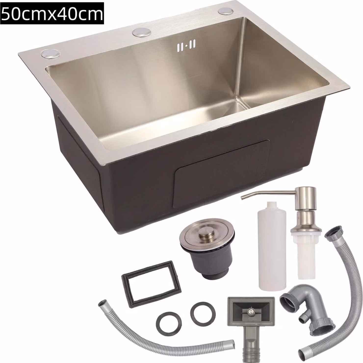 Lavello da cucina - Vasca da incasso 50x40 cm - Acciaio inossidabile 304 - Lavello da appoggio senza rubinetto - Rettangolare con 3 fori - Con scarico e dispenser per sapone - Finitura spazzolata 50x40 cm