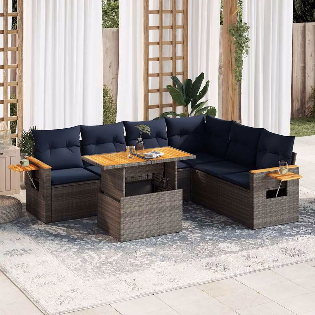 Set Divani da Giardino vidaXL 7pz a Forma di L in Polyrattan e Legno di Acacia con Cuscini e Tavolino, Grigio e Blu