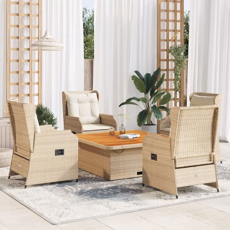 Set da giardino vidaXL composto da 5 pezzi con poltrone lounge, tavolino da esterno e cuscini beige in rattan e acciaio con struttura in legno di acacia
