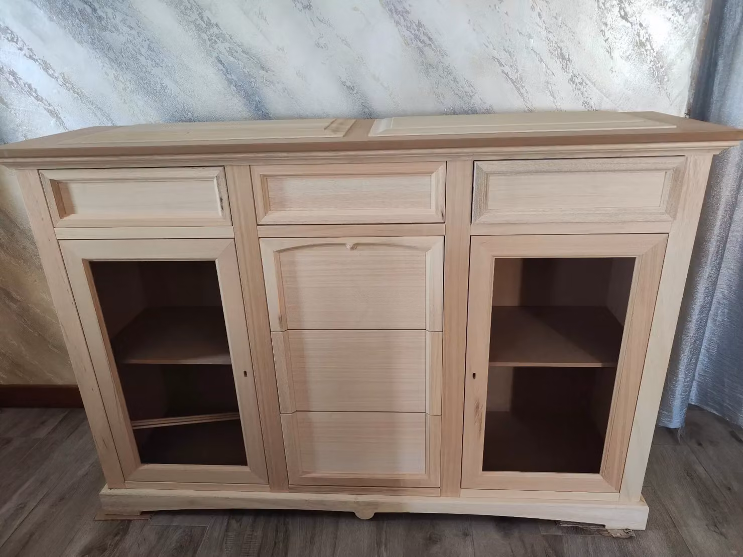 Credenza Mobili 2G con 2 porte e 6 cassetti in legno grezzo beige L: 170 cm, P: 46 cm, H: 116 cm – 2