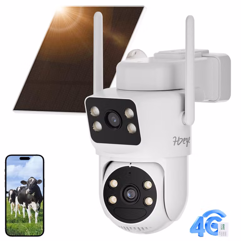 Telecamera di sicurezza solare HDeye 4G con batteria della durata di 3 mesi e rilevamento PIR – Doppio obiettivo, visione notturna 2K, controllo remoto tramite app per la sorveglianza esterna