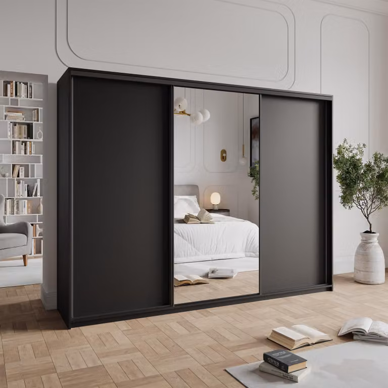 Armadio scorrevole Masseno TAVI 250/205/60 cm Armadio con 4 cassetti Armadio per camera da letto a 3 ante con specchio Nero