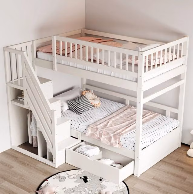 Letto a castello 90x200 cm in legno; bianco; con scale contenitore e cassetti