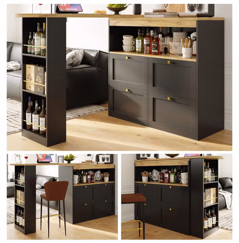 Tavolo bar girevole a 360 gradi, isola da cucina con 4 cassetti, mobile da cucina in MDF nero con ripiani aperti e piano di lavoro con texture effetto legno