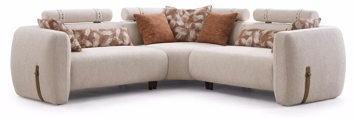 Divano angolare moderno, beige, compatto, confortevole, di alta qualità, dal design semplice e unicolore